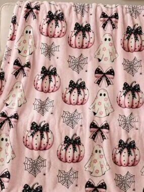 Halloween Pink Pumpkins, Ghosts, & Spider Webs Queen Plush Blanket
